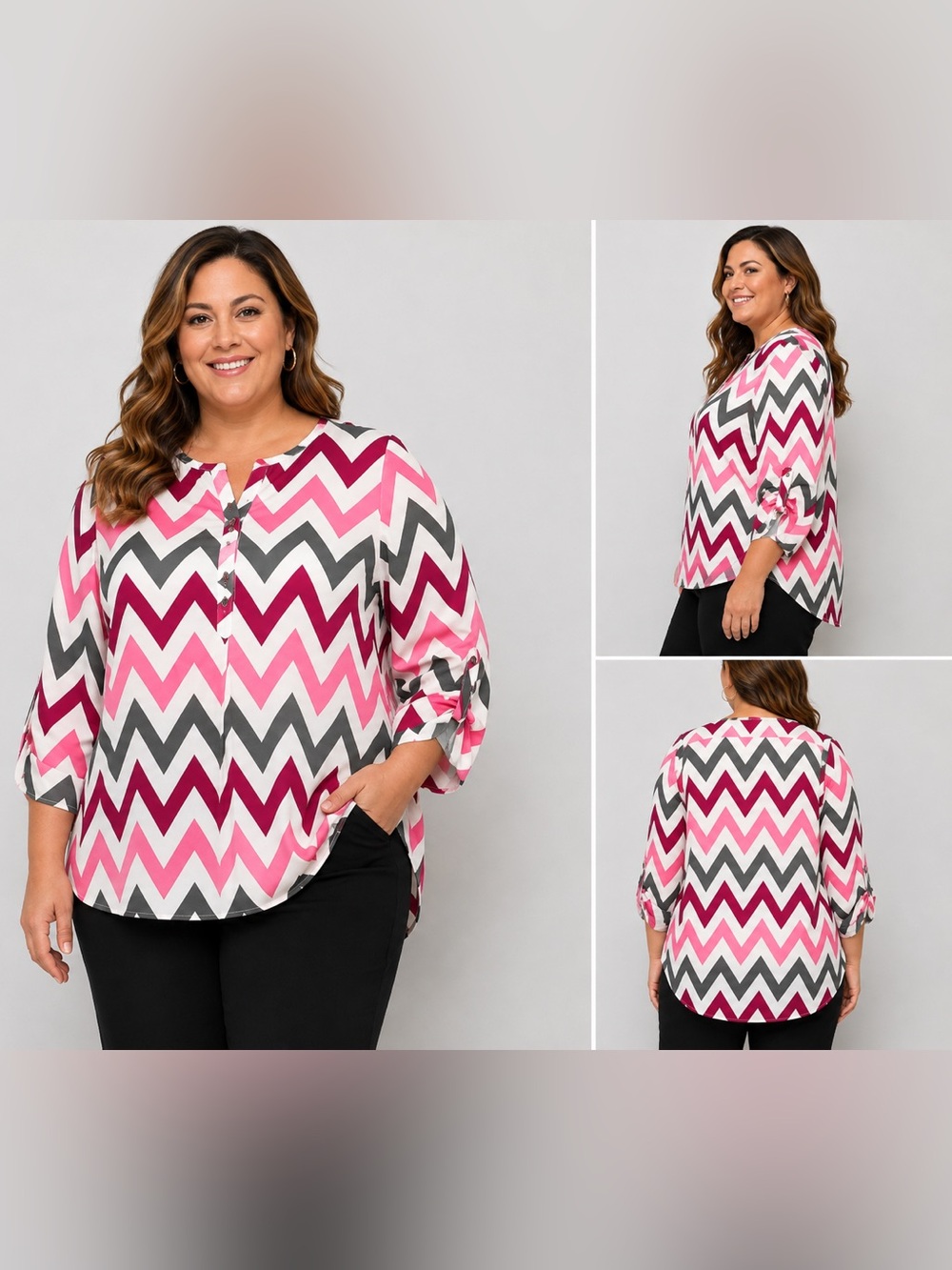 Messini NWT Chevron Top Women’s XL Pink Magenta Gray White 3/4 Sleeve